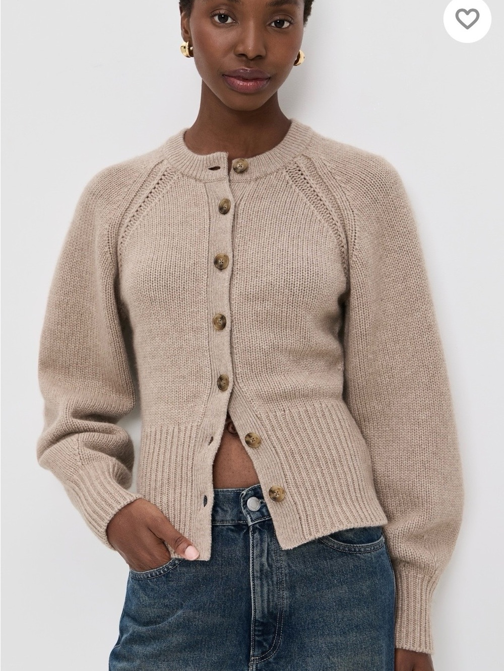 Neutral Beige Crewneck Button-Up Cardigan Sweater
